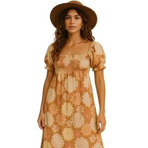 Faherty Mini Dress Ramona Smocked‎ Sz S Peach Jicaro Island Floral Cottage Boho